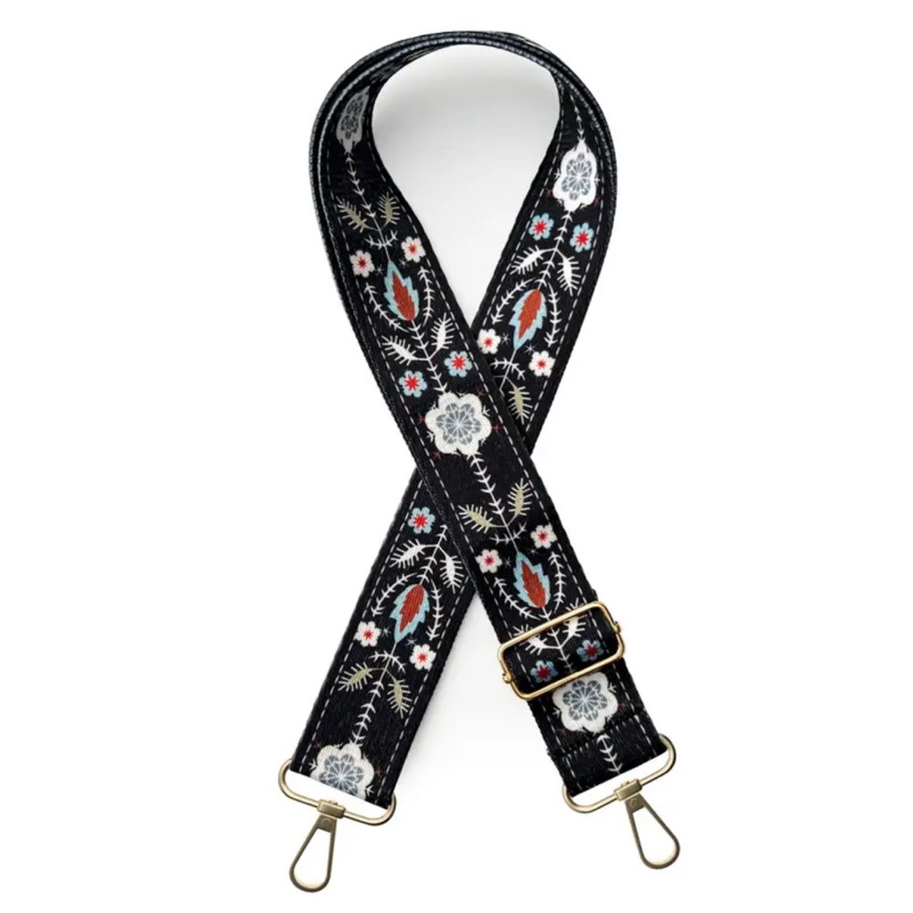 Boho Floral Embroidered Adjustable Bag Strap Black Gold Hardware - Picture 2 of 5